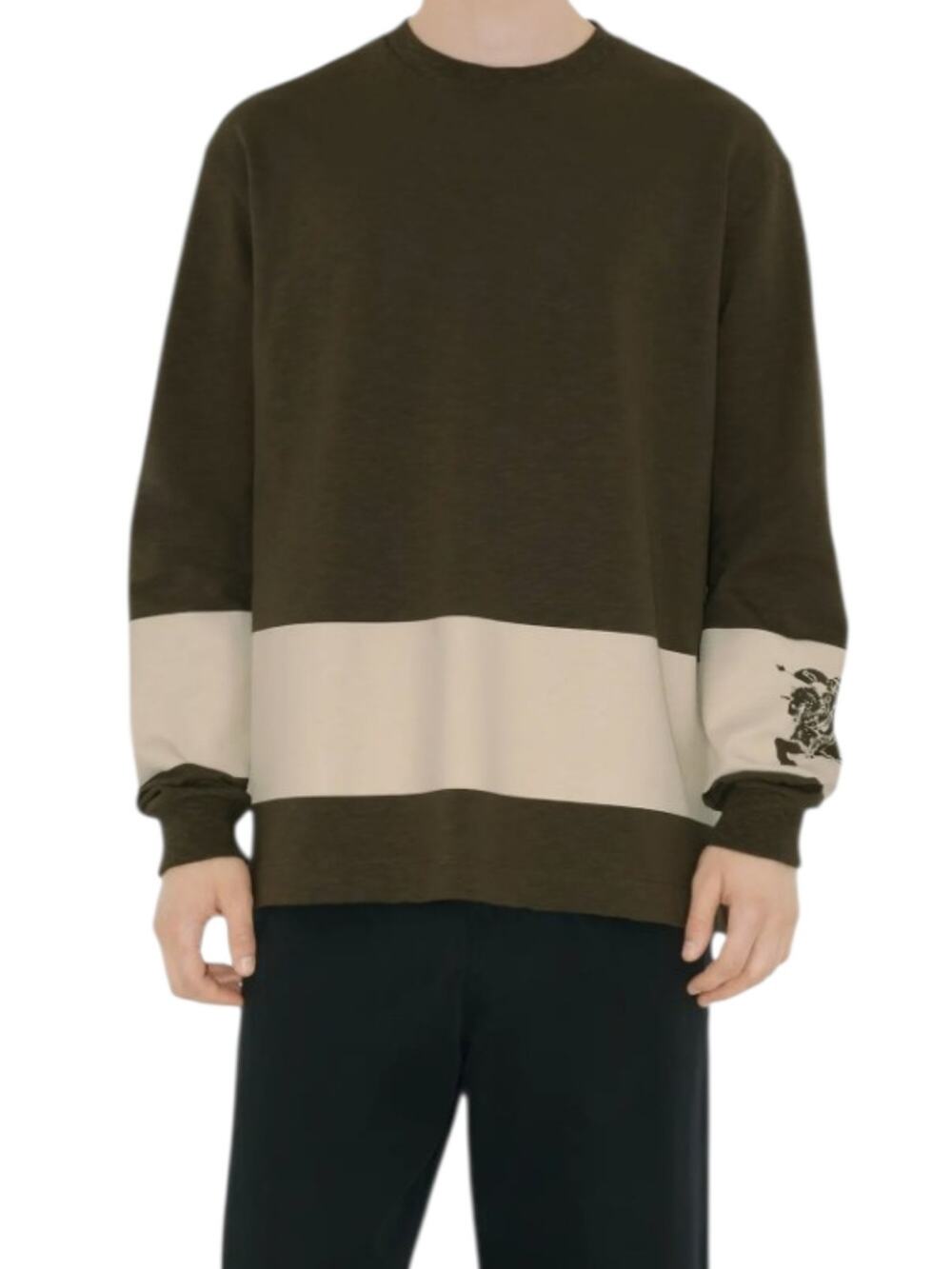Burberry EKD Stripe Olive‎ Green Cream Equestrian Cotton Top Sweater Jumper